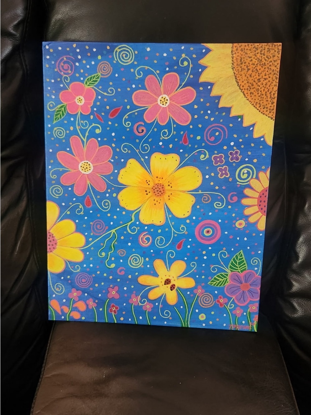 Hand-Painted Floral Canvas Art in Blue and Yellow